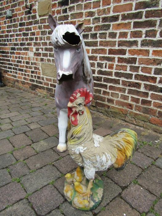 Fibre glass pony (with damage) - H95cm and cockerel with chicks garden feature - H63cm - Image 2 of 3