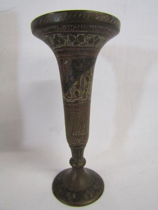 Brass candlesticks, The Blacksmith's anvil, possibly bronze engraved vase, silver salt and pepper ( - Image 6 of 8