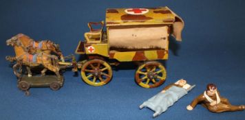 Lineol German horse drawn tin ambulance with two horses and two lead casualties