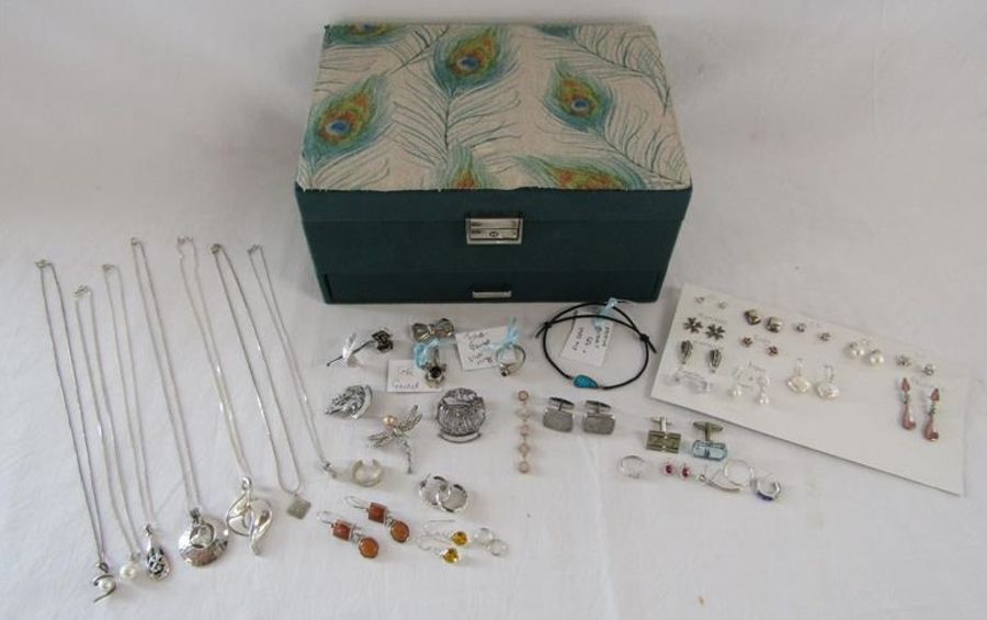 Jewellery box containing silver jewellery includes earrings with ruby, topaz and marcasite, brooches