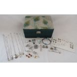 Jewellery box containing silver jewellery includes earrings with ruby, topaz and marcasite, brooches