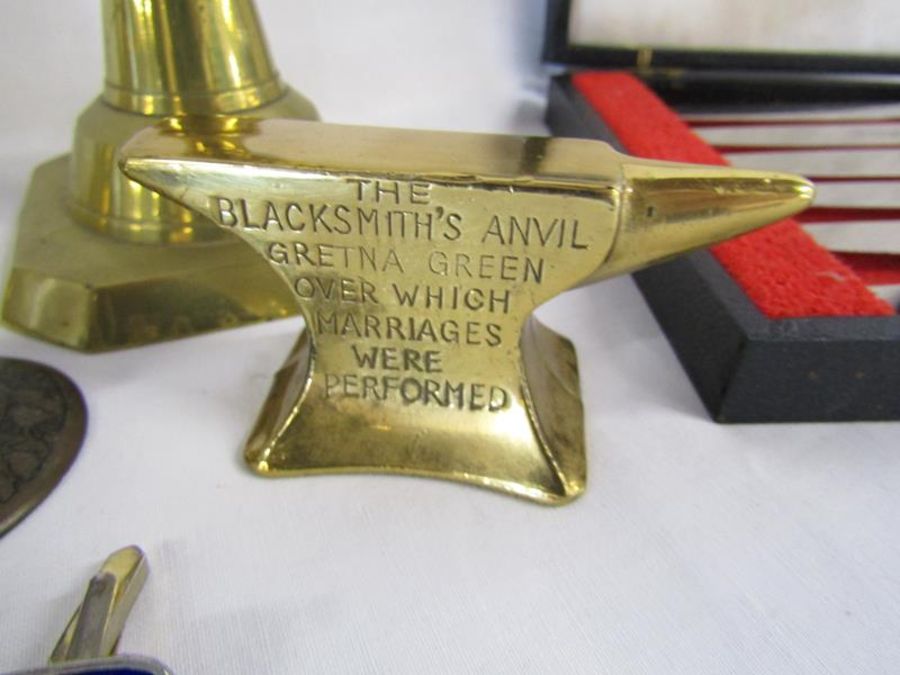 Brass candlesticks, The Blacksmith's anvil, possibly bronze engraved vase, silver salt and pepper ( - Image 5 of 8