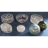 Green & clear glass floats dia. 12cm & selection of cut glass