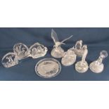 Clear Crystal collection plaques with monkeys, stag and heron also a plate with praying hands and 3d