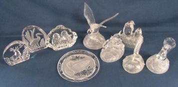 Clear Crystal collection plaques with monkeys, stag and heron also a plate with praying hands and 3d