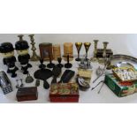 4 x Fred the Flour Man, ebony dressing table set, Thornes toffee tin, Burnett money tin etc.