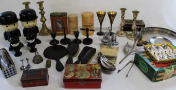 4 x Fred the Flour Man, ebony dressing table set, Thornes toffee tin, Burnett money tin etc.