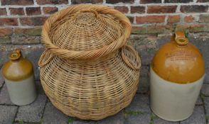 Wicker snake basket and two stoneware salt glaze flagons  - one marked D Morgan & Co Merthyr