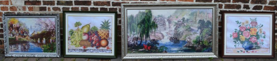 4 large cross stitch framed pictures, largest 127cm x 24cm