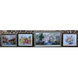 4 large cross stitch framed pictures, largest 127cm x 24cm