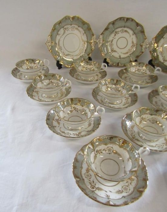 19th century porcelain tea set with grey and gold design -  includes slop bowl and cake plates - Image 2 of 5