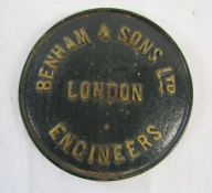 Benham & Sons Ltd - London - Engineers cast iron plate marked B&S 5175 to rear - advised removed