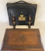 1960s Civil Service briefcase and carved table top with RAMC badge