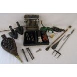 2 flat irons, bellows, vintage toaster, nut crackers, Spong & Co bean slicer, shoe horn, toasting