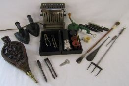 2 flat irons, bellows, vintage toaster, nut crackers, Spong & Co bean slicer, shoe horn, toasting