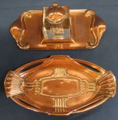 Art Nouveau copper ink stand & glass inkwell marked Beldray & Vienna Secession style copper pen