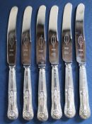 Set of six Viners Kings pattern butter knives with silver handles Sheffield 1952