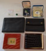 Leather wallets (inc replica Dupont), key holders, gold plated miniature  picture, gold plated ring,