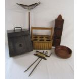 Metal garden string line & winder, Gamebird shooting stick, wooden coal box, 6 bottle carrier,