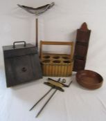 Metal garden string line & winder, Gamebird shooting stick, wooden coal box, 6 bottle carrier,