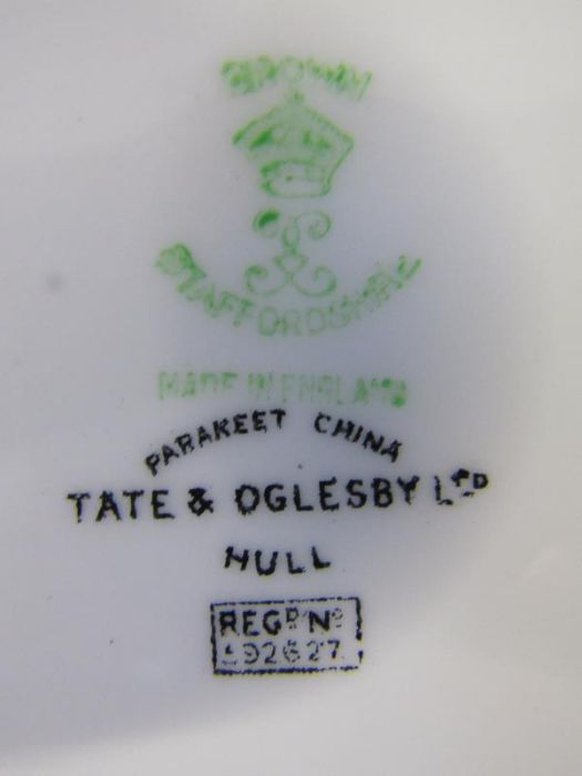 Tate & Oglesby Ltd Staffordshire Parakeet China part tea service - Reg No 592627 - 1 cup repaired - Image 2 of 6