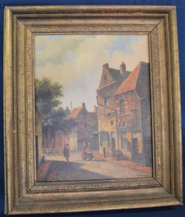 Small oil on board in the 19th century style of a Dutch street scene signed K Hendriks in a gilt - Image 2 of 4