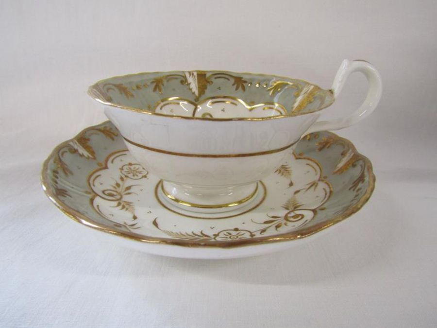 19th century porcelain tea set with grey and gold design -  includes slop bowl and cake plates - Image 4 of 5