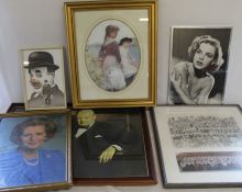 Framed Margaret Thatcher photograph, Winston Churchill print, school photo, Judy Garland poster by