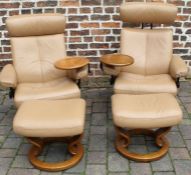 2 Ekornes Stressless fawn leather recliners with footstools and swivel arm tables -