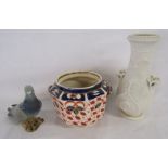 Beswick 1383 pigeon, Crown Derby octagonal barrel, Copeland Parian vase possibly 19th century -