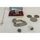 A mixed collection including silver bracelet and pendant 1.03ozt, 18ct plate and silver cross 0.