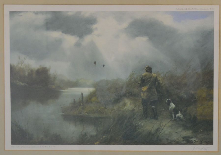 Pair of John Trickett limited edition prints of shooting scenes in gilt frames. 64cm by 50cm - Image 2 of 3