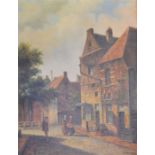 Small oil on board in the 19th century style of a Dutch street scene signed K Hendriks in a gilt