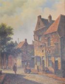 Small oil on board in the 19th century style of a Dutch street scene signed K Hendriks in a gilt