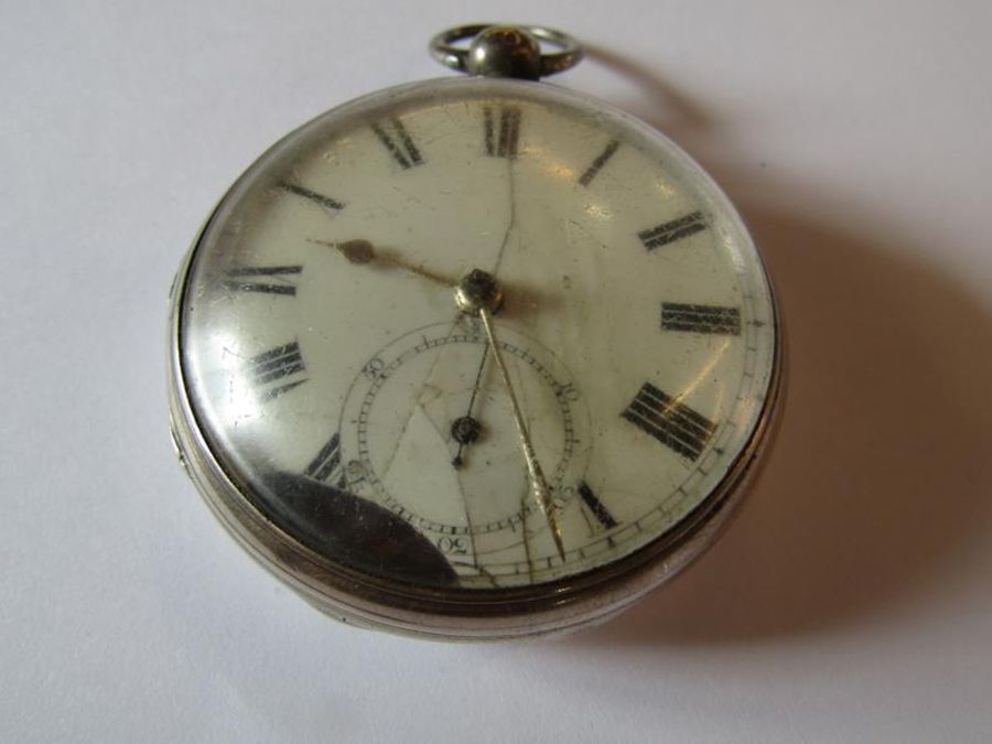 2 silver open face pocket watches, silver watch chain, Continental silver fob watch, base metal - Image 3 of 6