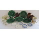 Majolica green glazed moulded plates & comport, terracotta teapot, Langley ware jugs, Adnams & Co