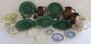 Majolica green glazed moulded plates & comport, terracotta teapot, Langley ware jugs, Adnams & Co