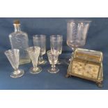 Collection of glassware includes large Boots bottle, 2 twisted ale glasses, hand blown etched