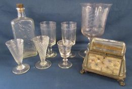 Collection of glassware includes large Boots bottle, 2 twisted ale glasses, hand blown etched