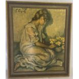 Framed print of a girl kneeling arranging flowers