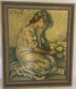 Framed print of a girl kneeling arranging flowers