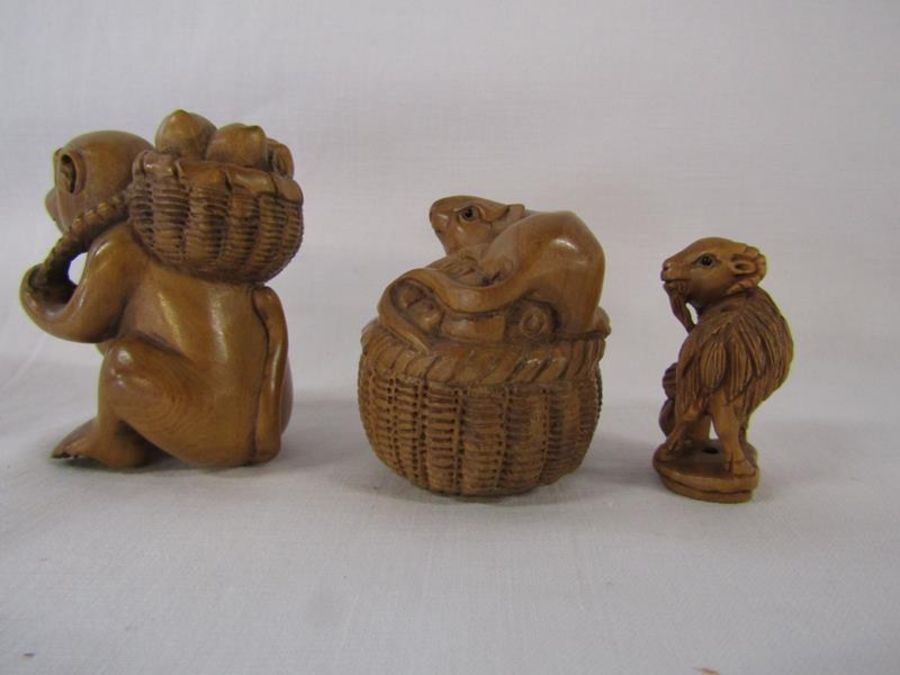 5 Wooden netsuke - monkey, mice, goat and water buffalo, - Image 4 of 5