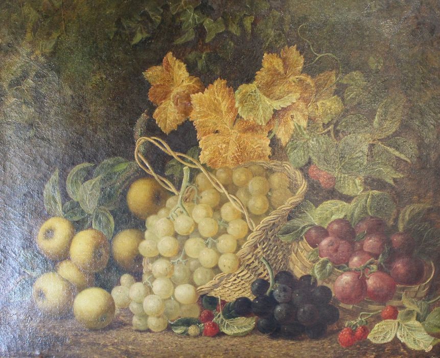 Gilt framed oil on canvas depicting still life of fruit with indistinct signature 68cm x 60cm (