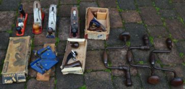 Box of woodworking tools, including RB 10 plane, hand braces, etc.