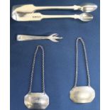 2 wine labels marked Sterling (Gin / Vermuth) & 2 pairs of silver sugar tongs Exeter 1837 /