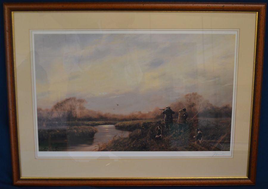Large framed limited edition print by John Trickett of a wildfowl shooting scene. 82cm by 60cm - Image 2 of 2