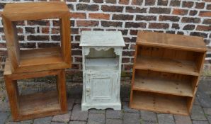Small pine shelf, painted pine bedside cabinet and two cube shelves