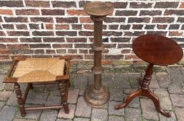 Plant stand with barley twist column, foot stool with woven top and mahogany wine table