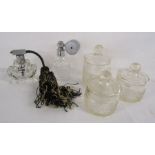 2 scent bottles (one pump loose) and glass dressing table jars