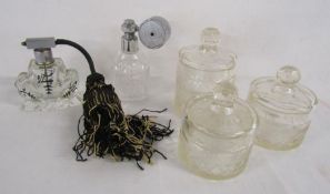 2 scent bottles (one pump loose) and glass dressing table jars